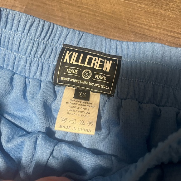 Kill Crew XS MUAY THAI SHORTS (MID THIGH CUT) BANDANA - CREAM / BLACK and BLUE - Picture 3 of 6